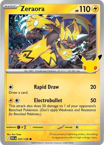 Pokémon card: Zeraora 057/128 from 30th Celebration (M6a) (Common), Lightning type, front of card