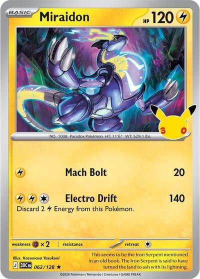 Pokémon card: Miraidon 062/128 from 30th Celebration (M6a) (Rare), Lightning type, front of card