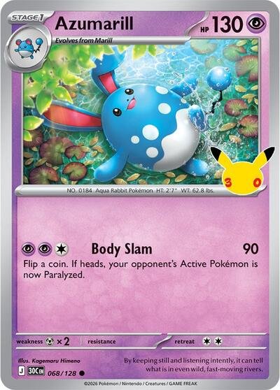 Pokémon card: Azumarill 068/128 from 30th Celebration (M6a) (Common), Psychic type, front of card