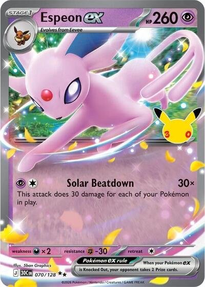 Pokémon card: Espeon ex 070/128 from 30th Celebration (M6a) (Double Rare), Psychic type, front of card