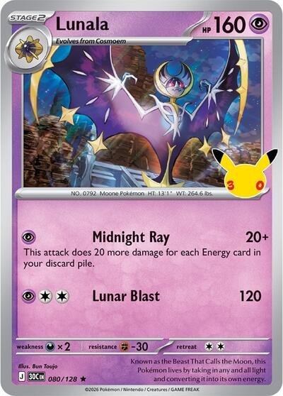 Pokémon card: Lunala 080/128 from 30th Celebration (M6a) (Rare), Psychic type, front of card