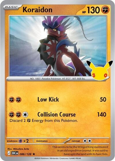 Pokémon card: Koraidon 086/128 from 30th Celebration (M6a) (Rare), Fighting type, front of card