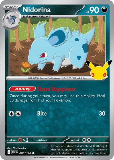 Pokémon card: Nidorina 088/128 from 30th Celebration (M6a) (Common), Darkness type, front of card