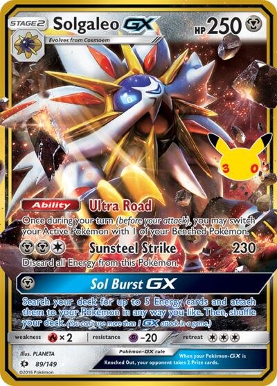 Pokémon card: Solgaleo GX Classic Collection 089/149 from 30th Celebration, front of card