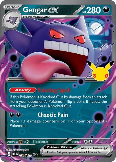 Pokémon card: Gengar ex 090/128 from 30th Celebration (M6a) (Double Rare), Darkness type, front of card