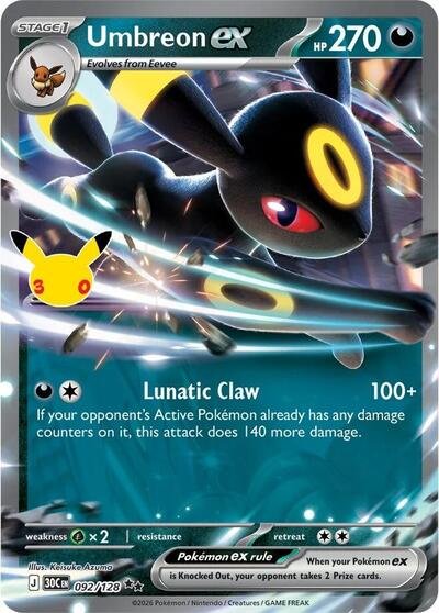 Pokémon card: Umbreon ex 092/128 from 30th Celebration (M6a) (Double Rare), Darkness type, front of card