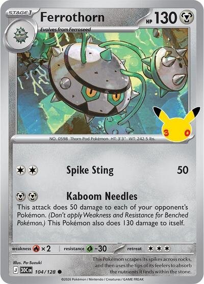 Pokémon card: Ferrothorn 104/128 from 30th Celebration (M6a) (Common), Metal type, front of card