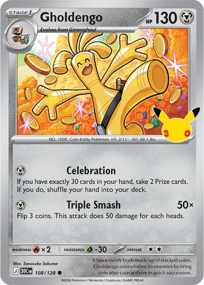 Pokémon card: Gholdengo 108/128 from 30th Celebration (M6a) (Common), Metal type, front of card