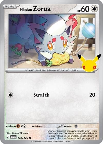 Pokémon card: Hisuian Zorua 122/128 from 30th Celebration (M6a) (Common), Colorless type, front of card