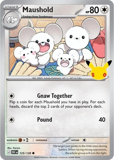 Pokémon card: Maushold 125/128 from 30th Celebration (M6a) (Common), Colorless type, front of card