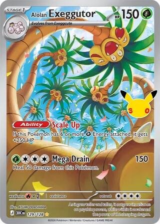 Pokémon card: Alolan Exeggutor 129/128 from 30th Celebration (M6a) (Illustration Rare), Grass type, front of card