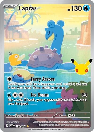 Pokémon card: Lapras 131/128 from 30th Celebration (M6a) (Illustration Rare), Water type, front of card