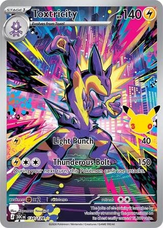 Pokémon card: Toxtricity 134/128 from 30th Celebration (M6a) (Illustration Rare), Lightning type, front of card