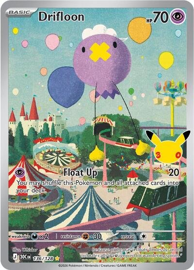 Pokémon card: Drifloon 136/128 from 30th Celebration (M6a) (Illustration Rare), Psychic type, front of card