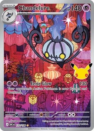 Pokémon card: Chandelure 137/128 from 30th Celebration (M6a) (Illustration Rare), Psychic type, front of card