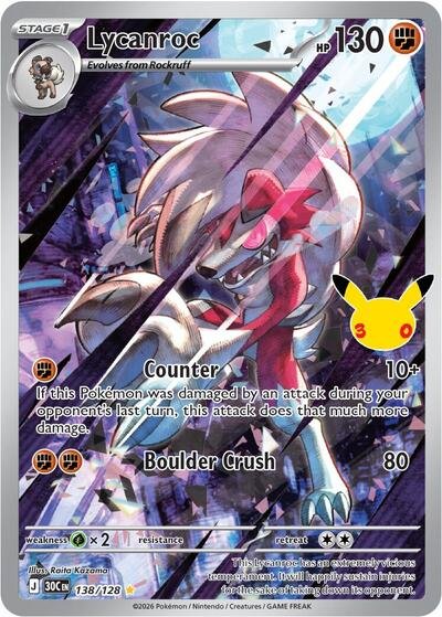 Pokémon card: Lycanroc 138/128 from 30th Celebration (M6a) (Illustration Rare), Fighting type, front of card