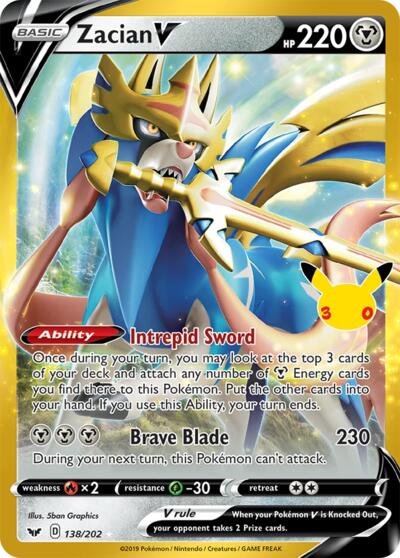 Pokémon card: Zacian V Classic Collection 138/202 from 30th Celebration, front of card