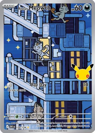 Pokémon card: Alolan Meowth 139/128 from 30th Celebration (M6a) (Illustration Rare), Darkness type, front of card
