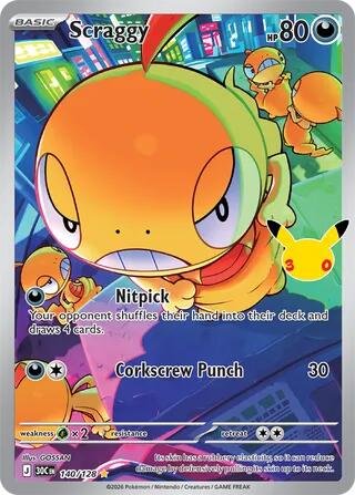 Pokémon card: Scraggy 140/128 from 30th Celebration (M6a) (Illustration Rare), Darkness type, front of card
