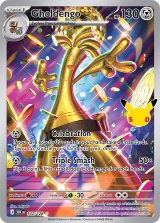 Pokémon card: Gholdengo 142/128 from 30th Celebration (M6a) (Illustration Rare), Metal type, front of card