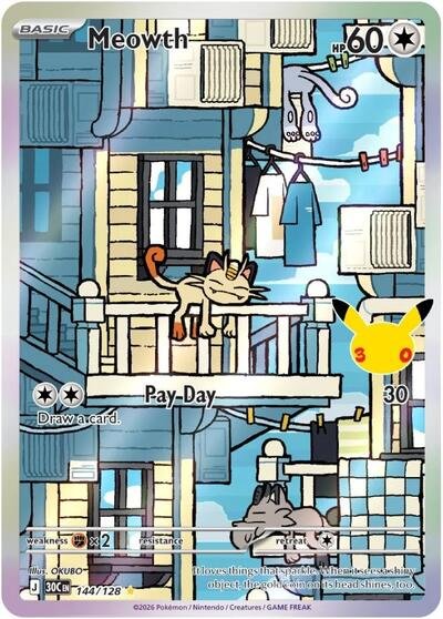 Pokémon card: Meowth 144/128 from 30th Celebration (M6a) (Illustration Rare), Psychic type, front of card