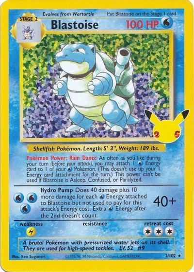 Pokémon card: Blastoise Classic Collection 002/102 from Celebrations Classic Collection, Water type, front of card