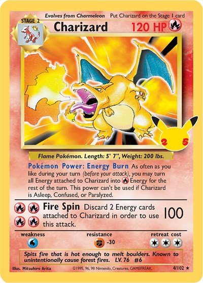 Pokémon card: Charizard Classic Collection 004/102 from Celebrations Classic Collection, Fire type, front of card