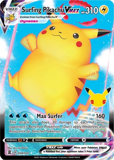 Pokémon card: Surfing Pikachu VMAX 009/025 from Celebrations (Ultra Rare), Lightning type, front of card
