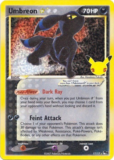 Pokémon card: Umbreon Star Classic Collection 017/017 from Celebrations Classic Collection, Darkness type, front of card