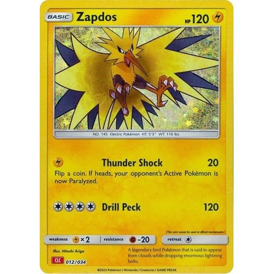 Pokémon card: CLC 012/034 Zapdos from Pokemon Trading Card Game Classic, Lightning type, front of card