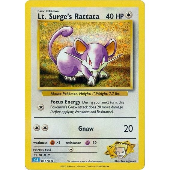 Pokémon card: CLB 015/034 Lt. Surge's Rattata from Pokemon Trading Card Game Classic, Colorless type, front of card