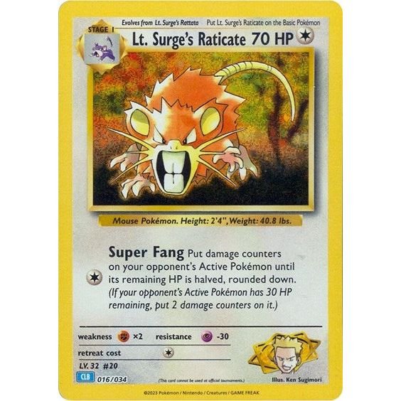 Pokémon card: CLB 016/034 Lt. Surge's Raticate from Pokemon Trading Card Game Classic, Colorless type, front of card