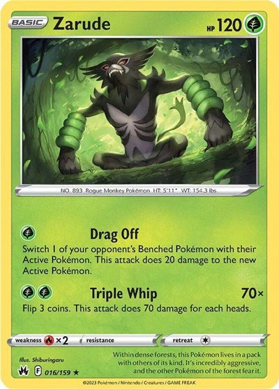 Pokémon card: Zarude 016/159 from Crown Zenith (Holo Rare), Grass type, front of card