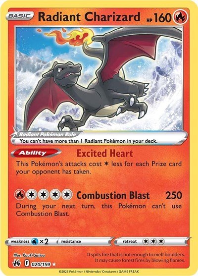Pokémon card: Radiant Charizard 020/159 from Crown Zenith (Radiant Rare), Fire type, front of card