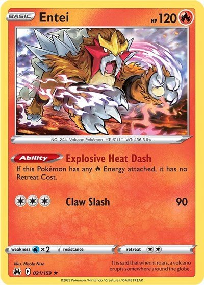 Pokémon card: Entei 021/159 from Crown Zenith (Holo Rare), Fire type, front of card