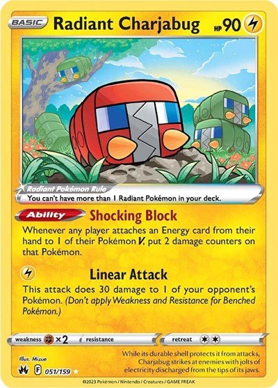 Pokémon card: Radiant Charjabug 051/159 from Crown Zenith (Radiant Rare), Lightning type, front of card