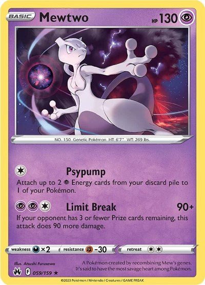 Pokémon card: Mewtwo 059/159 from Crown Zenith (Holo Rare), Psychic type, front of card