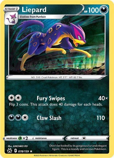 Pokémon card: Liepard 078/159 from Crown Zenith (Rare), Darkness type, front of card