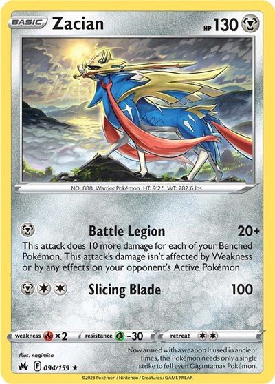 Pokémon card: Zacian 094/159 from Crown Zenith (Holo Rare), Metal type, front of card