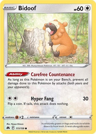 Pokémon card: Bidoof 111/159 from Crown Zenith (Common), Colorless type, front of card