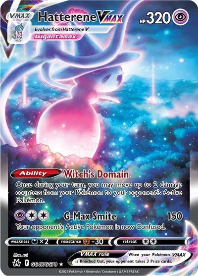 Pokémon card: Hatterene VMAX GG47/GG70 from Crown Zenith Galarian Gallery (Ultra Rare), Psychic type, front of card