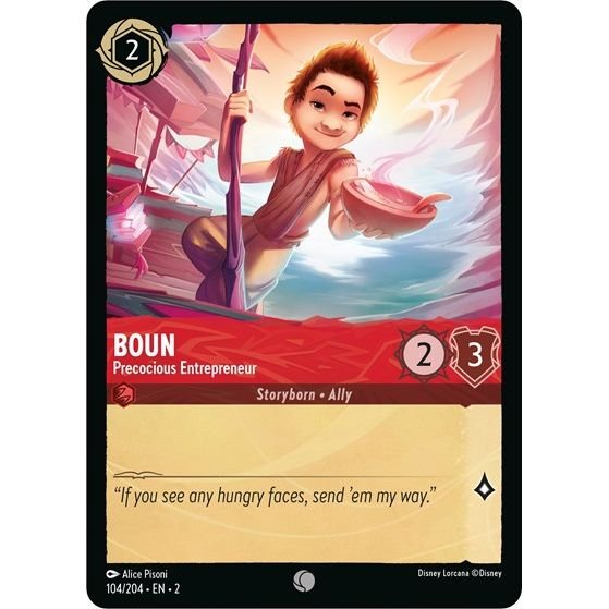 Lorcana card: Boun - Precocious Entrepreneur 104/204 from Rise of the Floodborn (Common), front of card