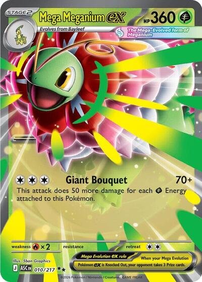 Pokémon card: Mega Meganium ex 010/217 from Ascended Heroes (Double Rare), Grass type, front of card