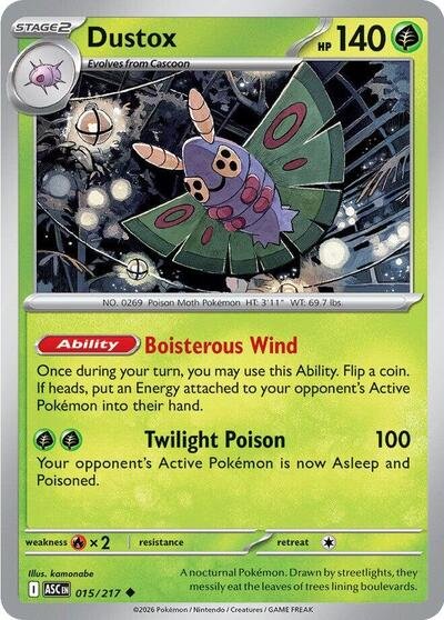 Pokémon card: Dustox 015/217 from Ascended Heroes (Uncommon), Grass type, front of card