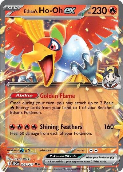 Pokémon card: Ethan's Ho-Oh ex 026/217 from Ascended Heroes (Double Rare), Fire type, front of card