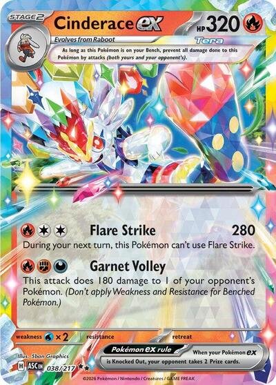 Pokémon card: Cinderace ex 038/217 from Ascended Heroes (Double Rare), Fire type, front of card