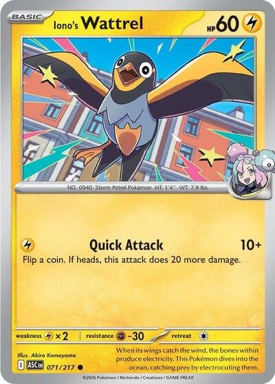 Pokémon card: Iono's Wattrel 071/217 from Ascended Heroes (Common), Lightning type, front of card