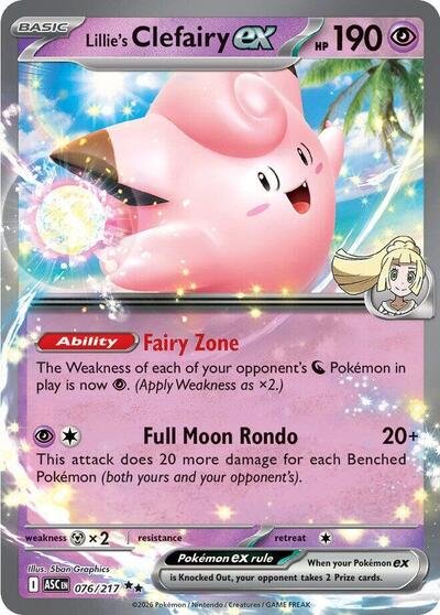 Pokémon card: Lillie's Clefairy ex 076/217 from Ascended Heroes (Double Rare), Psychic type, front of card