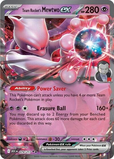 Pokémon card: Team Rocket's Mewtwo ex 079/217 from Ascended Heroes (Double Rare), Psychic type, front of card