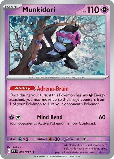 Pokémon card: Munkidori 099/217 from Ascended Heroes (Rare), Psychic type, front of card